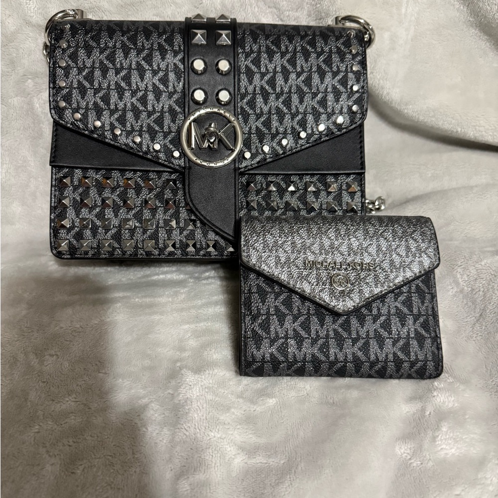 Michael Kors Black and Gray Monogram Crossbody Bag Set